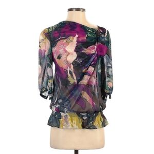 TED BAKER Silk Watercolor‎ Floral Ruched Blouse Sz 2 XS
